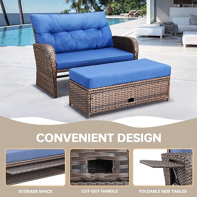 Patio Rattan Daybed, Wicker Recliner Loveseat for Two with Multifunctional Recliner and Stowable Side Tray, 5 Level Adjustable Backrest (Brown Wicker/Blue Cushion)