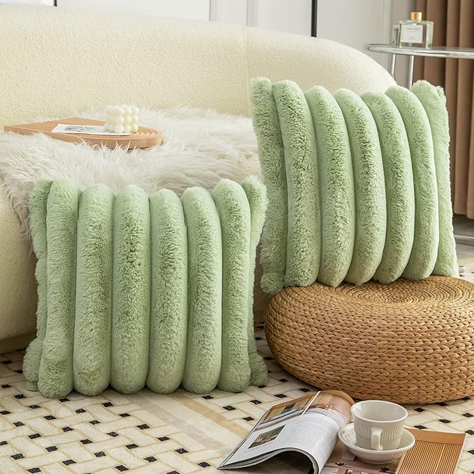 Neelvin Green Faux Fur Cozy Soft Striped Decorative Throw Pillow Covers 22x22 inch Set of 2,Velvet Pillowcase Cushion Case for Sofa Couch