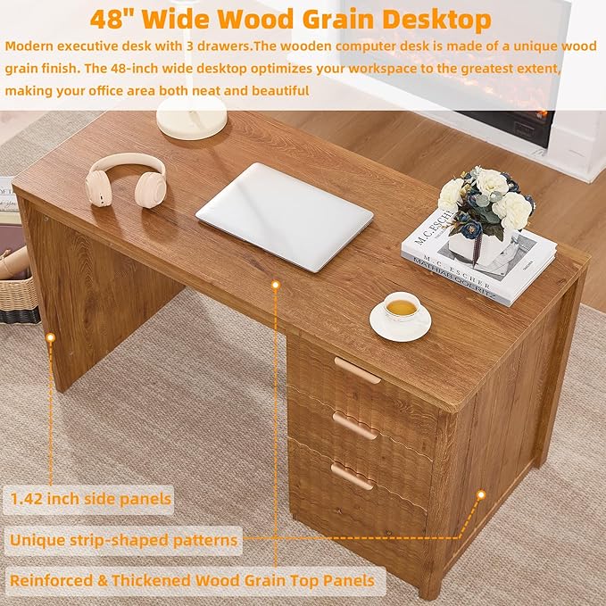 48" Modern Fluted Home Office Desk with Storage Cabinet, Brown Wood Executive Desk with File Drawer & Metal Handles, Large Computer Writing Table for Office,Study, Living Room, Bedroom