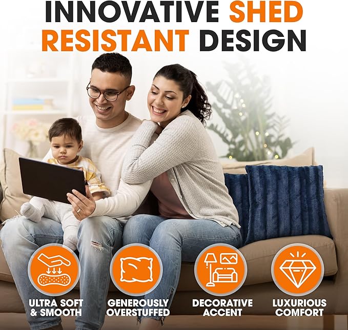 Cheer Collection Faux Fur Throw Pillows - Decorative Pillows for Couch, Bed Throw Pillows, Blue Accent Pillows for Bedroom or Living Room Aesthetic, Set of 2 Furry Throw Pillows, 16" x 16"
