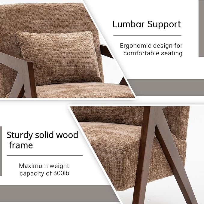 Mid-Century Modern Accent Chair Set of 2 with Solid Wood Frame，Upholstered Chenille Living Room Arm Chairs with Pillow for Bedroom, Living Room, Reading Room, Balcony, Brown