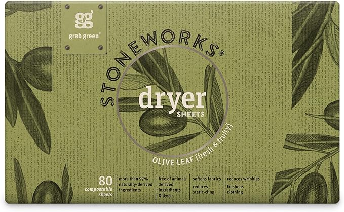 Grab Green Stoneworks Cruelty-Free Dryer Sheets | Softens Fabrics, Freshens Clothing & Reduces Static-Cling and Wrinkles | Plant Based | Olive Leaf Scent (80 Sheets)