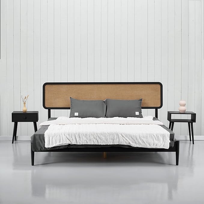 NTC Lupin Wooden Bed Frame with Headboard, Solid Oak and Rubber Wood Foundation with Silent Slats and Wood Central Supports, 1000 Lb Capacity, Effortless Assembly, Queen - Burnt Black
