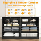 Bigbiglife 6 Drawers Dresser for Bedroom with Open Storage Cubby, Double Wide Dresser Organizer for Bedroom, Living Room, Entryway, Hallway (Black)