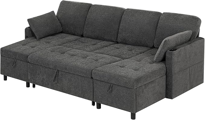 110" Fabric Pull-Out Couch Bed w/Adjustable Backrests, Sectional Sleeper Sofa w/USB Ports & 2 Cup Holders, Upholstered U-Shaped Couch w/Storage Chaise for Living Room, House, Grey