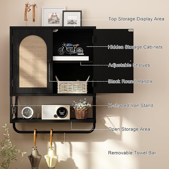 RUSTOWN Rattan Bathroom Wall Cabinet, Boho Over The Toilet Storage Cabinet with Arched Rattan Doors, Modern Medicine Cabinet with Adjustable Shelves & Towel Bar (Black, Medium)
