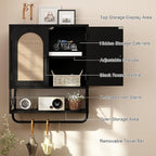 RUSTOWN Rattan Bathroom Wall Cabinet, Boho Over The Toilet Storage Cabinet with Arched Rattan Doors, Modern Medicine Cabinet with Adjustable Shelves & Towel Bar (Black, Medium)
