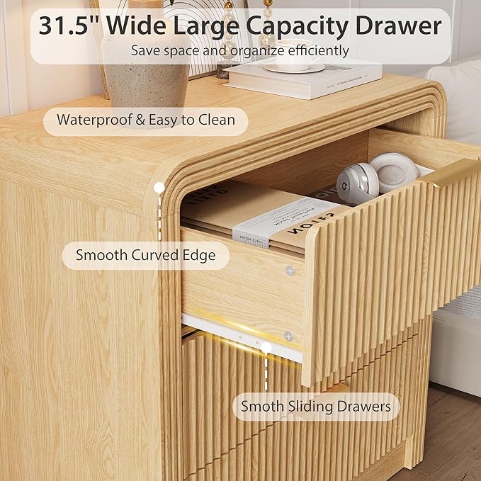 Fluted 3 Drawer Dresser, 31.8'' Tall Dresser for Bedroom, Modern Wood Chest of Drawers with Round Edge & Metal Handle, Large Nightstand with 3 Drawers for Living Room, Hallway, Entryway (Natural Oak)