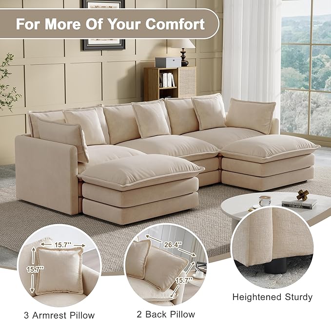 Modular Sectional Sofa, 111.5 Inch U-Shaped Cloud Sofa with Deep Seat Chenille Sofa with Cushions, Three-Self Sectional Sofa for Living Room Apartment,Light Coffee