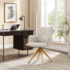 Art Leon Mid Century Modern Desk Chair - Genuine Leather Upholstered Office Chair No Wheels, Swivel Armchair with Oak Wood Legs for Small Space Living Room Bedroom, Set of 2, Off White
