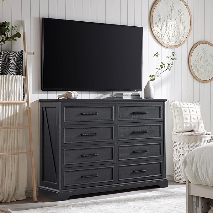 ACCOHOHO Farmhouse 8 Drawers Dresser Chests for Bedroom,52" Wide Wood Rustic Chest of Drawers with Metal Handle,Natural Texture,Drawer Organizer for Bedroom,Living Room,Hallway and Entryway,Black