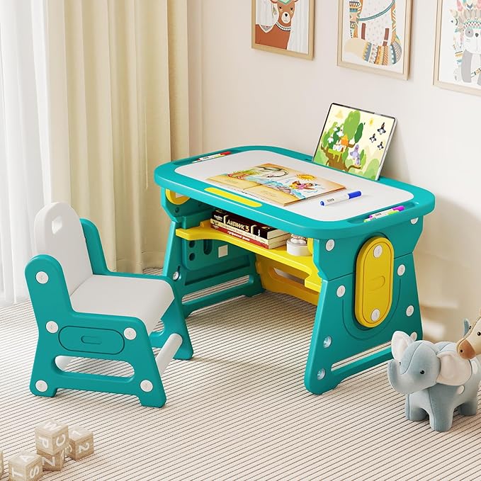 INFANS Kids Adjustable Table & Chair Set with Drawing Board for 3+, Toddler Activity Desk for Drawing with Storage Shelf, Non-Slip Pads, Watercolor Pens & Eraser, Indoor Art/Study Furniture (Green)