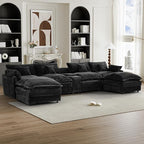 HYJT-H&K 145" U Shaped Cloud Couch Modular Dark Black Sectional Couches for Living Room, Comfy Fluffy Corduroy Oversized Cloud Sectional Couch Large 6 Seat Sectionals Sofa Set Central Console USB Port