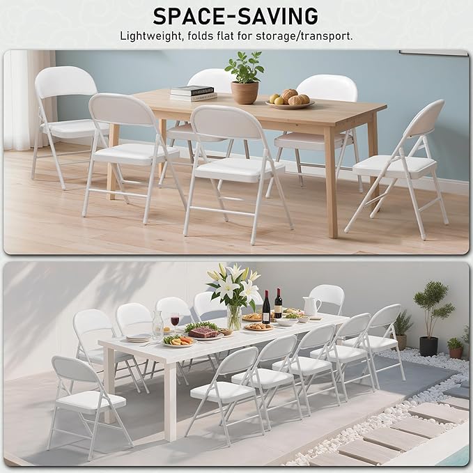 SEALAMB 10 Pack White Folding Chairs with Padded Seats & Cushion, Durable Metal Foldable Chairs for Wedding Party, Commercial Chairs for Office School Church Events, 330lb Capacity (White-PU, 10 Pack)