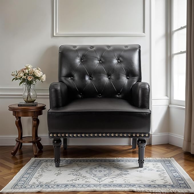 MOJAY Faux Leather Accent Chair, Mid-Century Armchair Living Room Sofa Chair with Rubber Wood Leg, Club Chair with Rivet Trim for Bedroom Reading Room Reception (Black)