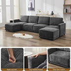 143.8" Modular Sectional Sofa Modern Chenille U-Shaped Couch with Thickened Seat Cushions, Easy Assembly, Upholstered 6 Seater Couch with 2 Movable Ottomans for Living Room, Grey