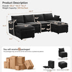 105" Cloud Modular 4 Seater Sofa with 2 Storage Ottoman, Modern Upholstered Sofa Storage Sofa Couch Deep Seat, U Shape Sectional Sofa Chenille Comfy Couch with Armrests for Living Room, Black