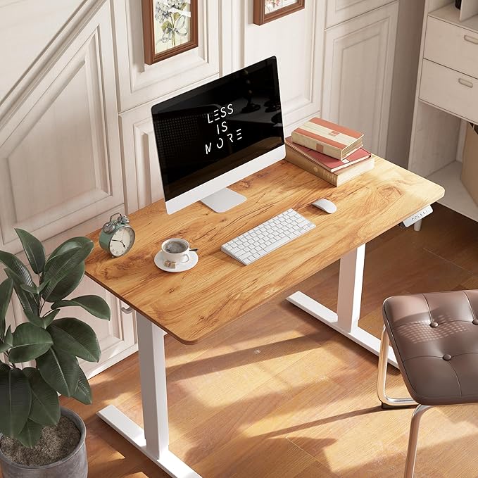 FEZIBO One-Piece Standing Desk Adjustable Height Stand up Home Office Desk, 55x24 Inch Electric Standing Computer Desk, with 4 Memory Presets, Headphone Hook, Light Rustic
