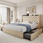 Queen Size Upholstered Platform Bed Frame with 4 Storage Drawers and Charging Station, Linen Button Tufted Wingback Headboard, Sturdy Wooden Support Slats, No Box Spring Needed, Beige