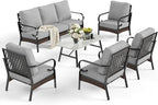 6 Piece Metal Outdoor Patio Furniture Sets, Patio Conversation Sets 1 3-Seater Sofa, 4 Single Sofa with 5.75" Thick Cushion & Coffee Table, Black Frame Backyard Furniture, Light Gray