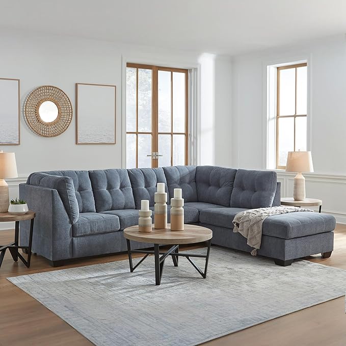 Signature Design by Ashley Marleton Contemporary Right-Arm Facing Tufted 2-Piece Sectional with Chaise and Loose Seat Cushions, Blue