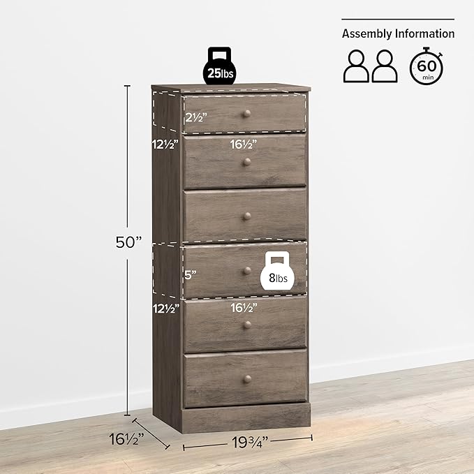 Prepac Astrid Tall Gray Dresser: 16.5"D x 19.75"W x 50"H, 6-Drawer Chest for Bedroom by Prepac - Perfect Chest of Drawers for Ample Storage, Drifted Gray