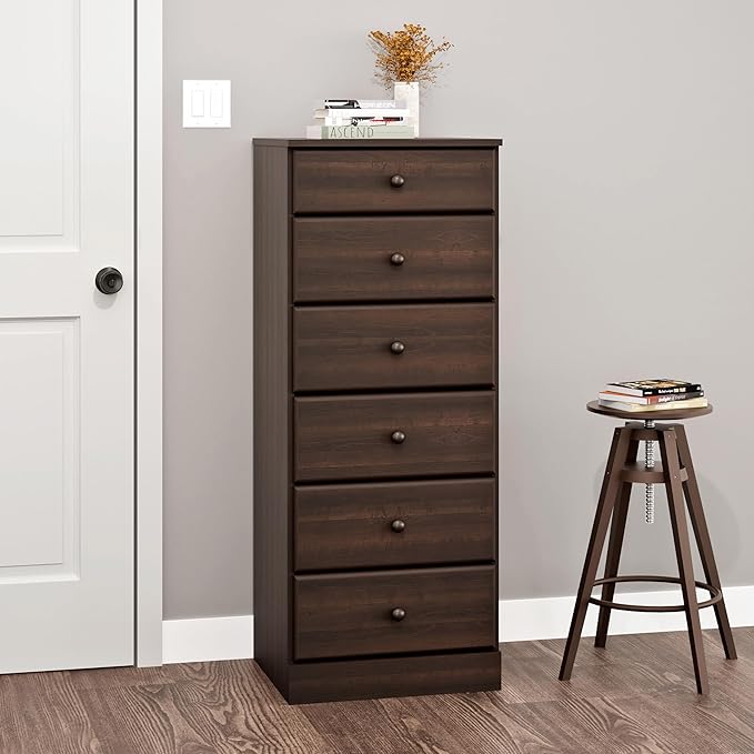 Prepac Astrid Tall Brown Dresser: 16.5"D x 19.75"W x 50"H, 6-Drawer Chest for Bedroom by Prepac - Perfect Chest of Drawers for Ample Storage