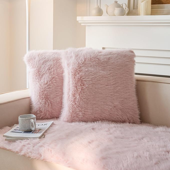 Neelvin Pink Faux Fur Cozy Fluffy Double-Sided Decorative Throw Pillow Covers 18x18 inch Set of 2,Velvet Pillowcase Cushion Case for Sofa Couch