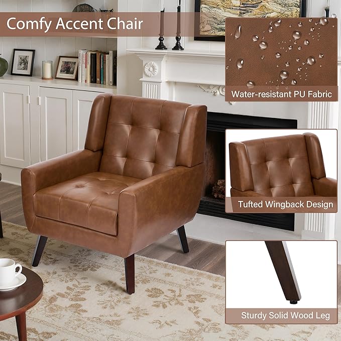 Faux Leather Accent Chair, Mid-Century Modern Upholstered Armchair, Comfy Living Room Chairs Reading Chairs with Button Tufted Back & Solid Wood Legs for Bedroom, Office, Coffee