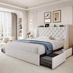Queen Size Bed Frame with 4 Storage Drawers & Charging Station, Linen Upholstered Platform Bedframe, Button Tufted Wingback Headboard, Sturdy Wooden Slats, No Box Spring Needed, White