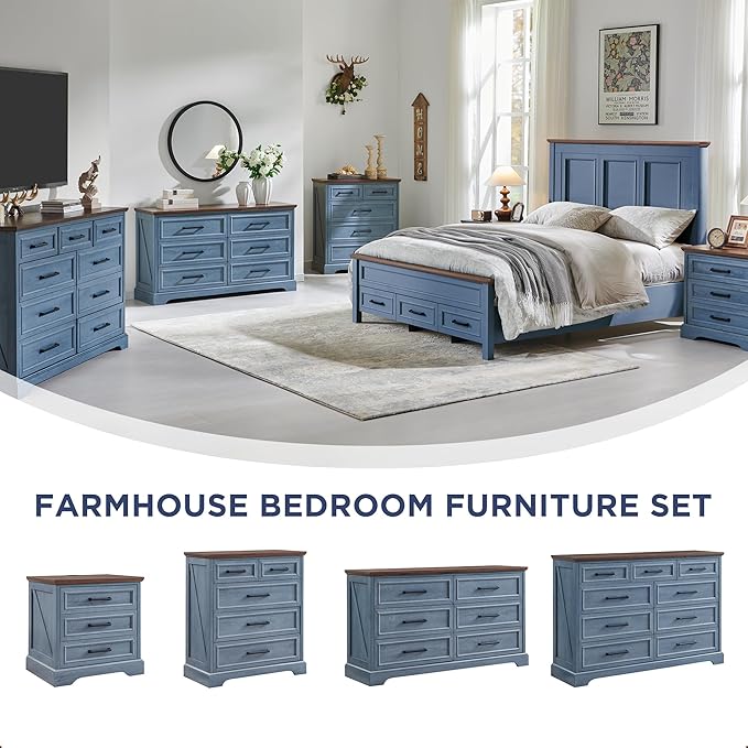 ACCOHOHO Farmhouse 9 Drawer Dresser for Bedroom, 36 Inch Tall Modern Dresser TV Stand with Large Drawers & Bar Handles, Rustic Wood Chest of Drawers for Bedroom, Living Room, Hallway, Blue