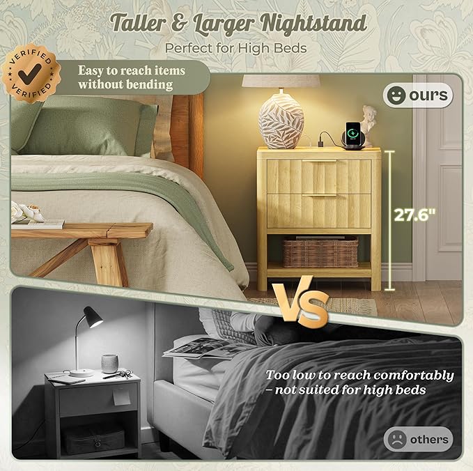 Huuger 27.6 Inch Tall Night Stand with Charger Station, USB-C Port, Fluted Nightstand with 2 Deep Drawers, Larger Wider Bed Side Table with Open Shelf, Bedroom Living Room End Table, Natural Wood