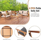 COSTWAY 4 Pieces Acacia Wood Patio Conversation Set, Outdoor Wicker Sofa with Coffee Table & Cushions, Patio Rattan Furniture Set for Yard, Porch, Poolside, Balcony, Backyard, Beige