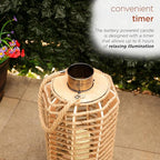 Alpine Corporation SKY392TM 28" H, Hemp Rope Wooden Lantern with Flickering LED Lights, Garden Decor for Patio, Lawn, and Yard