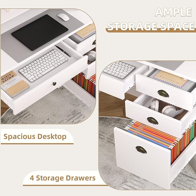 4 EVER WINNER White Desk with Drawers, Small Desk with File Drawer for Small Spaces, Writing Desk with Monitor Stand Wood Table for Home Office, White