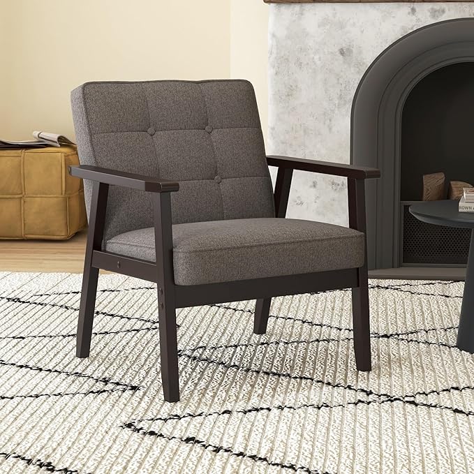 Modern Accent Chair with Arm Rest, Upholstered Linen Fabric Leisure Chair Comfy Side Chair with Backrest Button and Wooden Frame for Living Room Bedroom Reading(Gray)