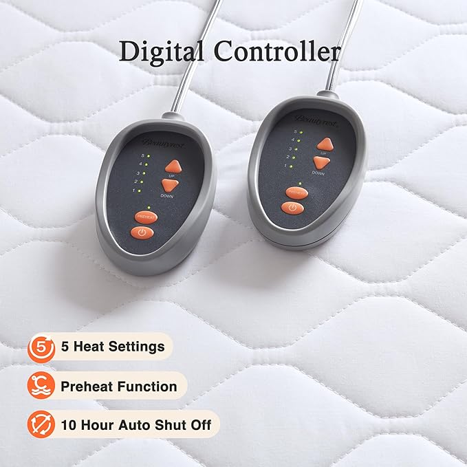 Beautyrest Cotton Blend Heated Mattress Pad Secure Comfort Technology - Luxury Quilted Electric Mattress Pad with Deep Pocket - 5-Setting Heat Controllers, Cal King, White