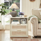 LEYAOYAO Rattan Nightstands Set of 2 with Charger Station, 23" Wide Boho Night Stand with 2 Drawers, Grey White Bedside Table Open Shlef, Bed Side End Table Dresser for Bedroom, Living Room Hallway