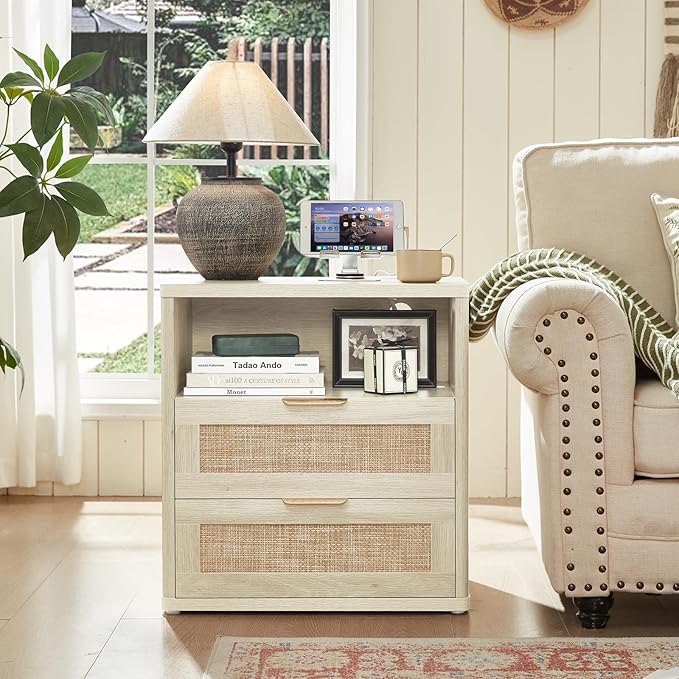LEYAOYAO Rattan Nightstands Set of 2 with Charger Station, 23" Wide Boho Night Stand with 2 Drawers, Grey White Bedside Table Open Shlef, Bed Side End Table Dresser for Bedroom, Living Room Hallway