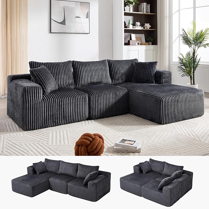 102" Modular Sectional Sofa, L-Shape Cloud Sectional Couch with Deep Seat, 3 Seat Memory Foam Comfy Boneless Couches for Living Room Bedroom, No Assembly Required, Grey