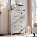 T4TREAM Farmhouse 5 Drawers Dresser Chests for Bedroom, Wood Rustic Tall Chset of Drawers,Dressers Organizer for Bedroom, Living Room,Hallway, Antique Brush White