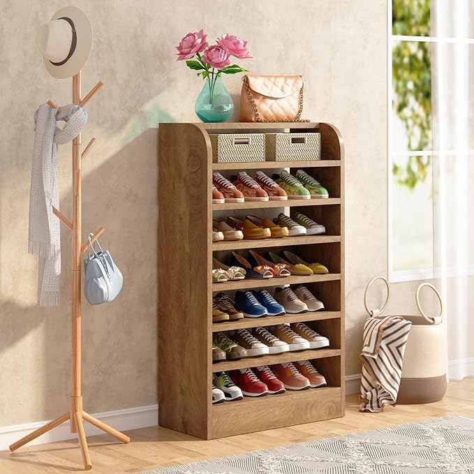 Tribesigns Shoe Rack for Entryway, 8-Tier Tall Shoe Shelf Shoes Storage, Wooden Shoe Cabinet Organizer for Closet, Hallway, Living Room, Wood Color, 2 Pcs