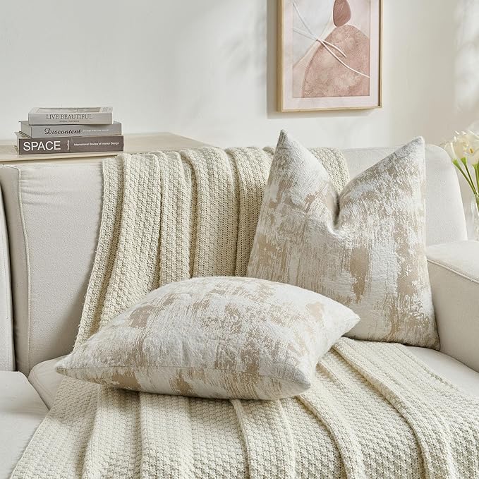 FUTEI Brown White Decorative Throw Pillow Covers 22x22 Inch Set of 2,Soft Faux Cashmere Jacquard - Textured & Cozy Cushion Case,Modern Home Decor for Couch Bed Living Room