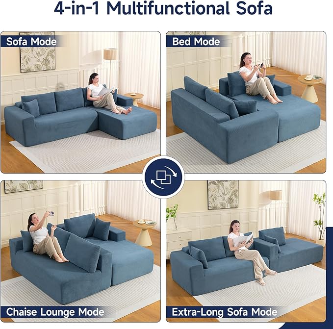 2025 New 108" Cloud Couch Sectional, Modular Sectional Sofa with L-Shaped Chaise, Deep Seat Sectional Modular Couch for Living Room, No Assembly Required (Blue, Right Facing Chaise)