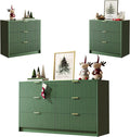 3-Piece Dresser Bedroom Set, 6 Drawer Dresser & 3 Drawer Nightstands with Gold Handles, Fluted Wood Chest of Drawers for Bedroom, Living Room, Entryway, Green