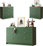 3-Piece Dresser Bedroom Set, 6 Drawer Dresser & 3 Drawer Nightstands with Gold Handles, Fluted Wood Chest of Drawers for Bedroom, Living Room, Entryway, Green