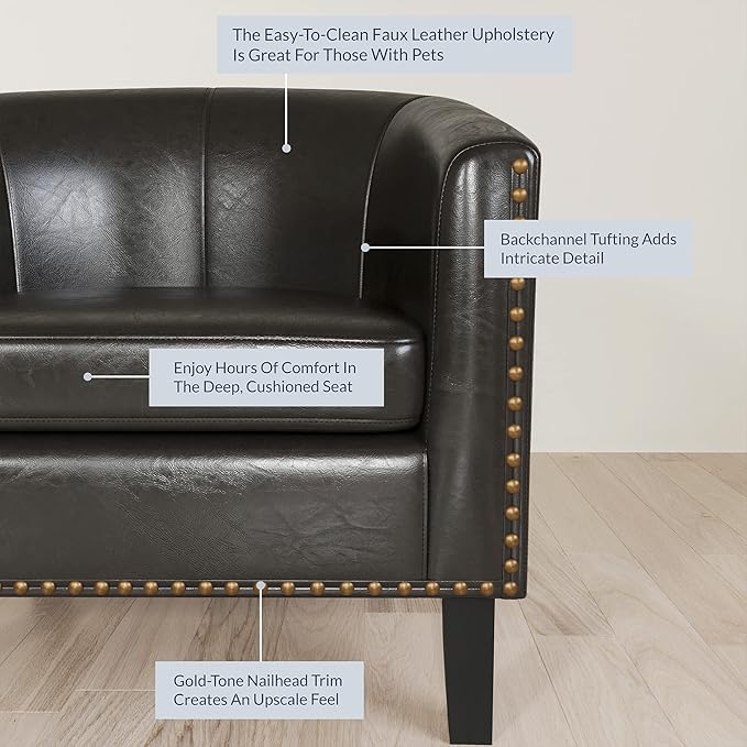 BELLEZE Accent Barrel Chair, Set of 2 Modern Faux Leather Tub Club Chair Upholstered Armchair with Gold Nail Head Trim and Black Legs for Living Room Bedroom Apartment Lounge - Dark Brown