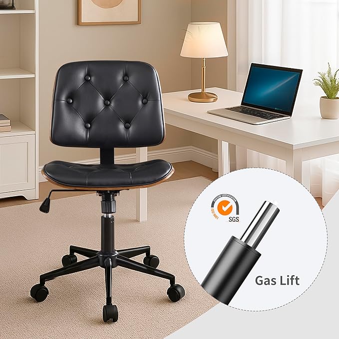 Small Home Office Chair – Armless Mid-Back Desk Chair with PU Leather, Adjustable Height, Swivel Wheels, Modern Walnut Legs for Small Spaces, Black