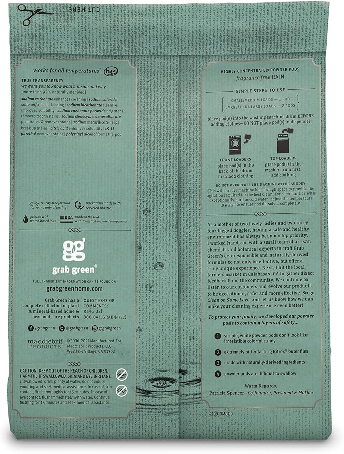 Grab Green Stoneworks Laundry Detergent Pods, Powered by Naturally Derived Plant & Mineral-Based Powder, Unscented, 50 Loads (Pack of 1) - EPA Safer Choice Certified