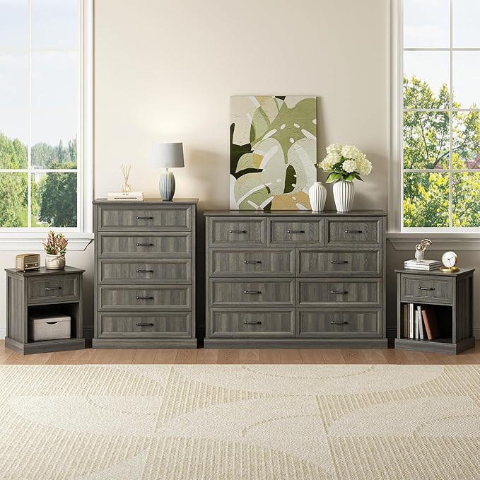 CARPETNAL Farmhouse Dresser and Nightstand Sets for Bedroom, 4 Pcs Bedroom Set, 5 Drawer & 9 Drawer Dresser and Nightstand Set of 2, Wood Chest of Drawers for Living Room, Entryway, Grey